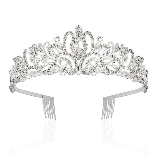 BAHABY Silver Crowns for Women Rhinestone Princess Tiara with Combs for Birthday Prom Bridal Shower Wedding Halloween Party