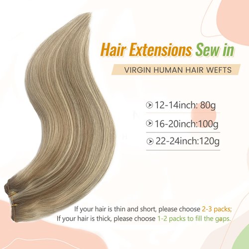 Blonde Highlight Sew in Hair Extensions Real Human Hair, 16 Inch Light Ash Blonde with Platinum Blonde Hand Tied Weft Hair Extensions Straight Blonde Human Hair Bundles for Highlights 100grams