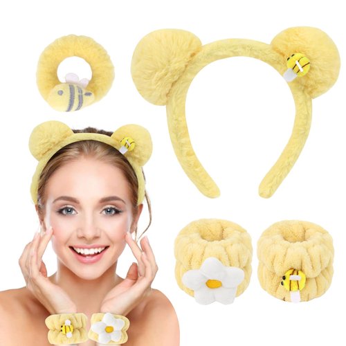 Amariver Spa Headband and Wristband Set for Women Yellow Skincare Headband for Face Washing Plush Bear Ears Headband and Hair Ties Cute Hair Band for Makeup