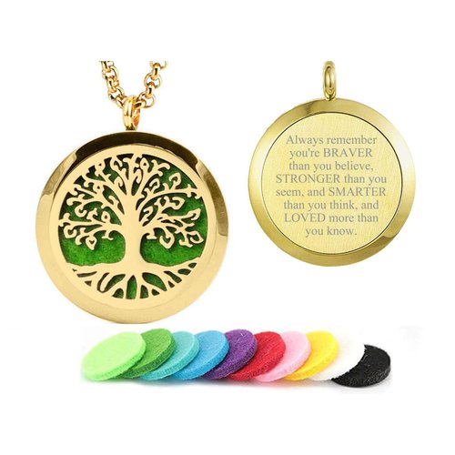 Aromatherapy Essential Oil Diffuser Necklace 316L Stainless Steel Locket Pendant with 24 Inch Chain(Gold)