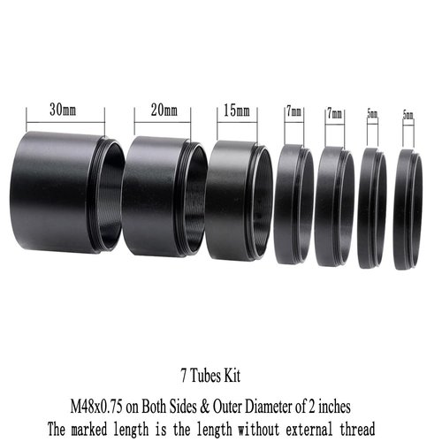 Starboosa Telescope M48-2 inches Extension Tube Kit for SLR Cameras and Eyepieces - Length 5mm 5mm 7mm 7mm 15mm 20mm 30mm - M48x0.75 on Both Sides & Outer Diameter of 2 inches - 2 inches 7 Tubes Kit