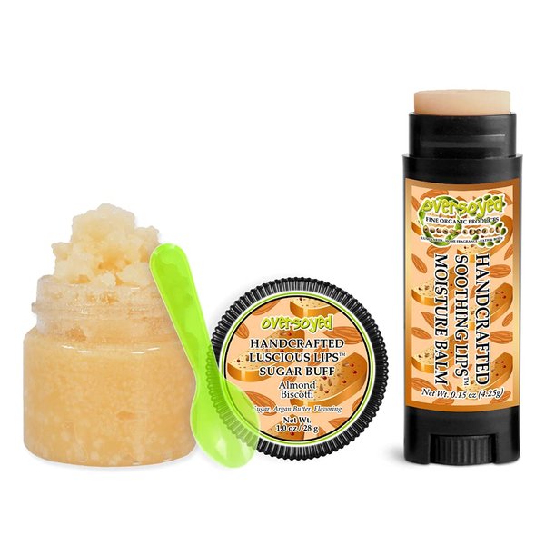 Almond Biscotti Soothing & Luscious Lips by OverSoyed Exfoliator & Chapped Lip Repair Lip Care Combo | Artisan Handcrafted to Order Anise Ginger Caramel Flavored Exfoliating Sugar Lip Scrub & Lip Moisturizer Balm Gift Set