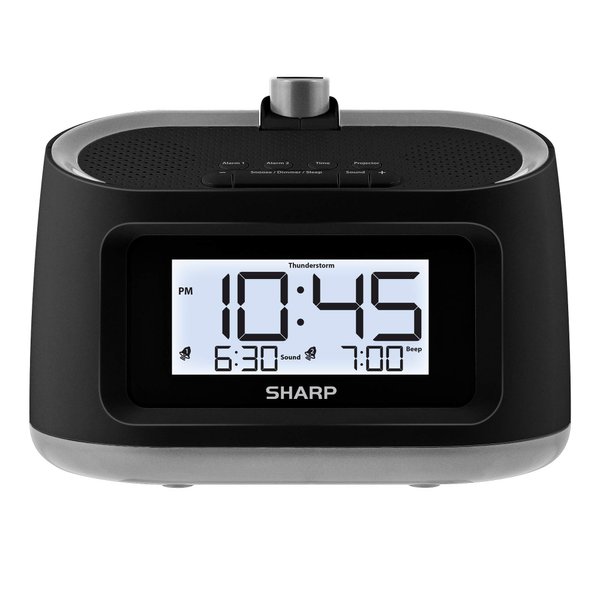 Sharp LCD and Projection Alarm Clock with 8 Soothing Nature Sleep Sounds – Project onto Wall or Ceiling, Black with Gunmetal Trim