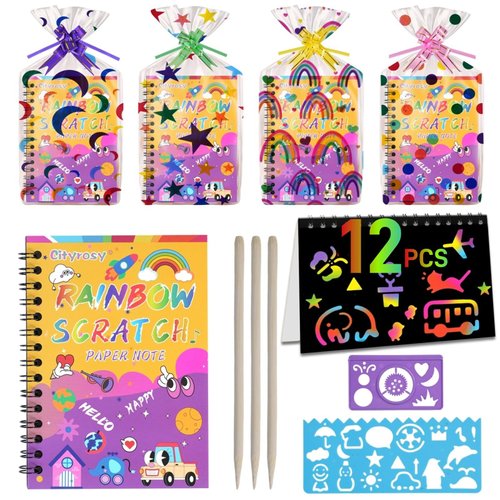 Cityrosy 12 Pack Scratch Art Paper Rainbow Sets Scratch Off Art Notebook Crafts Easter Gifts for Kids Magic Set Crafts Supplies Kits for Age 3-12 Kids for Party Games Easter Christmas Small