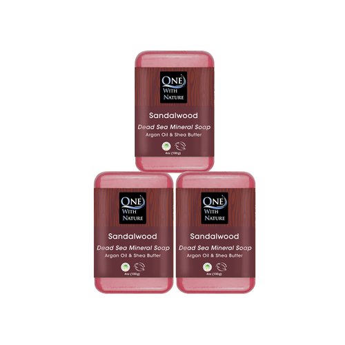 One With Nature Dead Sea Mineral Sandalwood Soap Bar 3Pack 4Oz - Anti Aging, Natural Essential Oil Fragrance Shea Butter, Argan Oil Enriches - Ideal for All Skin Types, Sandalwood Soap for Men, Women