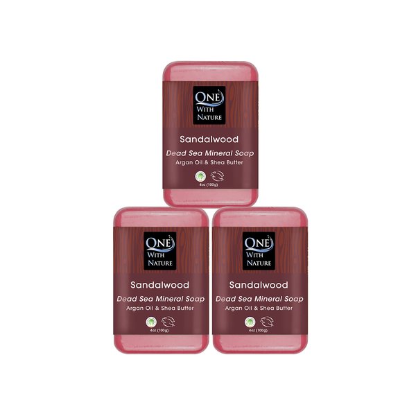 One With Nature Dead Sea Mineral Sandalwood Soap Bar 3Pack 4Oz - Anti Aging, Natural Essential Oil Fragrance Shea Butter, Argan Oil Enriches - Ideal for All Skin Types, Sandalwood Soap for Men, Women