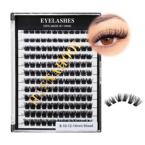 Hannahool Mixed 8-12-14-16mm/8-10-12-14mm/10-12-14-16mm/14-15-16mm Wide Stem Individual False Eyelashes Soft Lightweight Volume Eyelashes Extensions Makeup Cluster Lashes (Mixed 8-10-12-14mm)