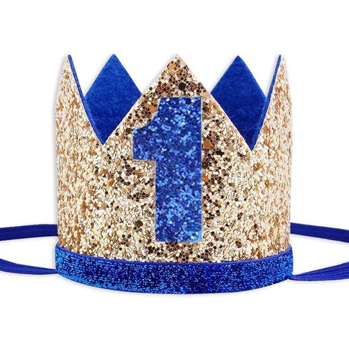 Socub Birthday Hat, first birthday party hat, Birthday Crown Headbands for Baby Boy 1st Birthday Party Supplies, Golden Blue 1