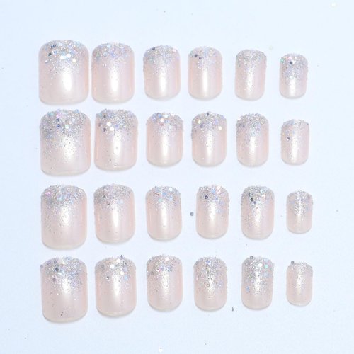 24 Pcs Glitter French Press on Nails Short Square - WLGDLH Nude Fake Nails Spring Summer False Nails with Cute Silver Glitter Designs Nail Tips Full Cover Stick on Nails for Women Acrylic Nails