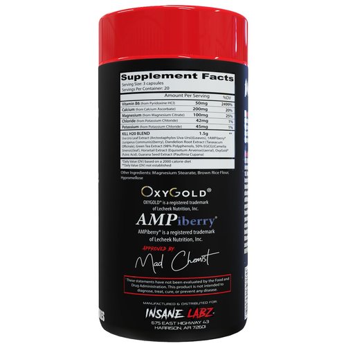 Insane Labz Kill H20, AMPiberry Infused Diuretic, Reduce Water Retention and Bloating Relief with Dandelion Root and Green Tea Extract, 20 Servings