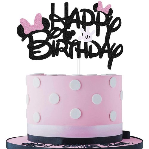 Pink and Black Glitter Minnie Inspired Happy Birthday Cake Topper with Pink Bows and White Gloves Girls Birthday Party Decorations Supplies