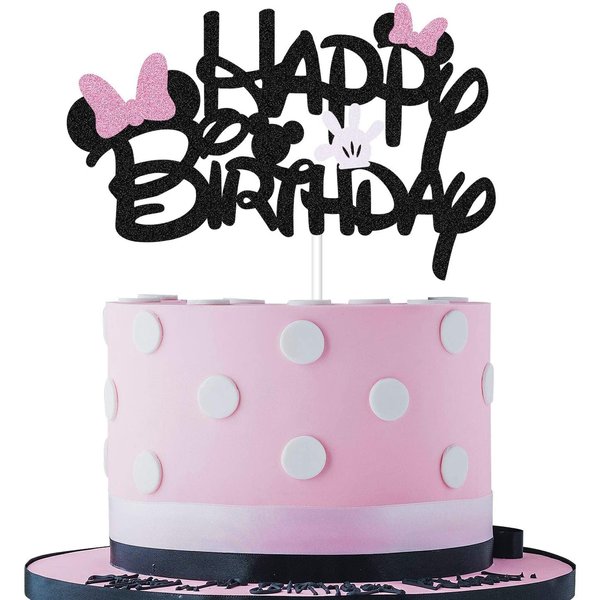 Pink and Black Glitter Minnie Inspired Happy Birthday Cake Topper with Pink Bows and White Gloves Girls Birthday Party Decorations Supplies