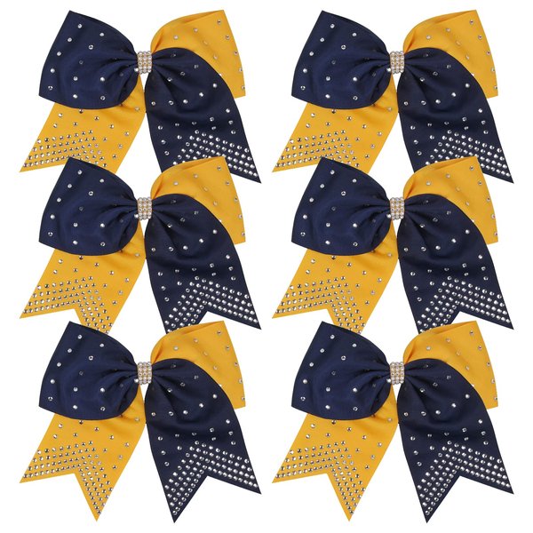 8 Inch 2 Colors Cheerleader Bows Ponytail Holder with Bling Fling Rhinestones Hair Tie Cheerleading Bows 6 Pcs (Navy Blue/Yellow Gold)