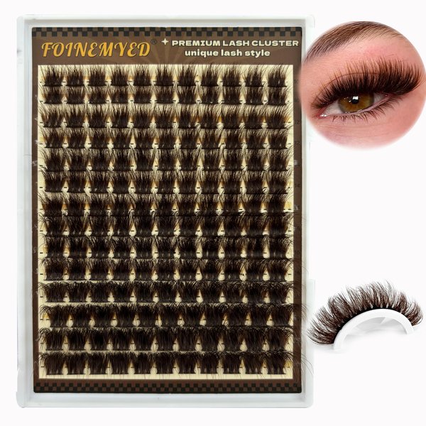 FOINEMYED Brown Lash Clusters 10-20mm Fluffy Cluster Eyelashes Brown False Eyelashes Individual Lashes Volume Eyelash Extension 154pcs Cluster Lashes DIY Lash Extension at Home