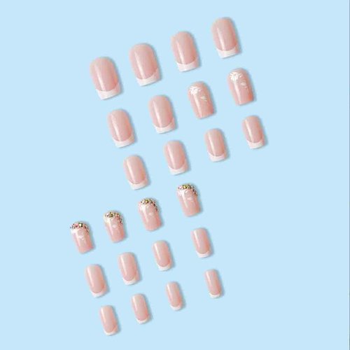 Foccna Pink Press on Nails Medium, Bling White Fake Nails Square Acrylic False Nails,French Artificial Nails for Women and Girls,24 pcs