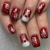 Red Christmas Press on Nails Short Square Fake Nails White Snowflake Glue on Nails Cute Christmas Elk False Nail Tips Short Stick on Nails Christmas Artificial Acrylic Nails for Women and Girls 24Pcs