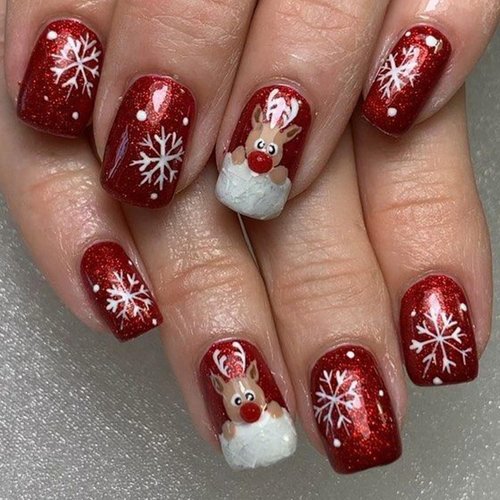 Red Christmas Press on Nails Short Square Fake Nails White Snowflake Glue on Nails Cute Christmas Elk False Nail Tips Short Stick on Nails Christmas Artificial Acrylic Nails for Women and Girls 24Pcs