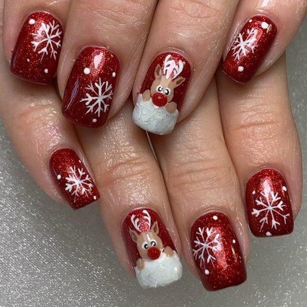 Red Christmas Press on Nails Short Square Fake Nails White Snowflake Glue on Nails Cute Christmas Elk False Nail Tips Short Stick on Nails Christmas Artificial Acrylic Nails for Women and Girls 24Pcs