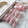 24 Pcs Square Press on French Tip Fake Nails Full Cover 3D Rhinestone Acrylic False Tips with Gems Sweet Pink Stick on Artificial Nails for Women Manicure Decorations