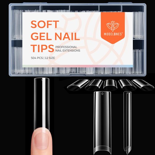 modelones Square Nail Tips, 504 Pcs Acrylic Fake Nails Tips XXL Extra Long Straight No C Curve Half Cover Clear Gel x Nail Tips 12 Sizes with Box