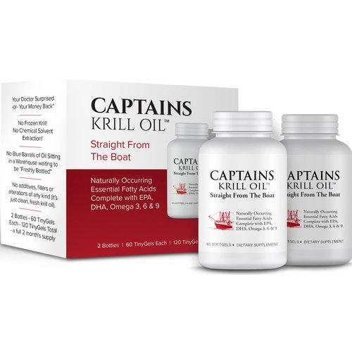 Captains Pure Antarctic Krill Oil Softgels | Omega 3 EPA, DHA with Astaxanthin & Phospholipids| No Additives or Chemicals | 1000mg per Serving, 60 Capsules, 2-Pack