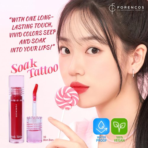 FORENCOS Soak Vegan Lip Tint/Stain, Water Gel Formula, Weightless & Non-sticky Finish, Vivid Color, Smudge-proof, Cruelty-Free, Korean Makeup, Waterproof, 0.11 oz (16 Bon Bon)