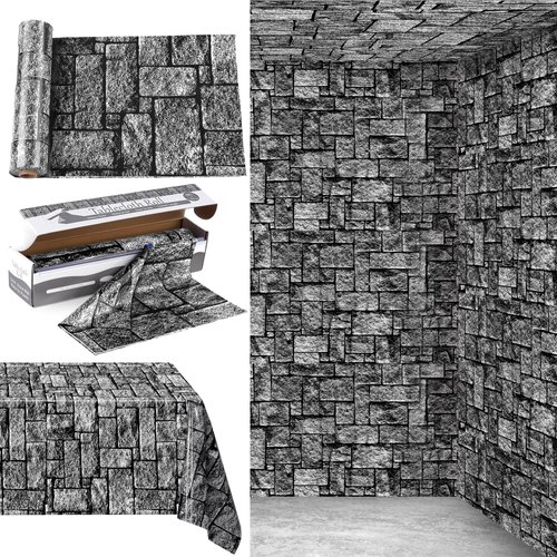 Kochorie 100 Ft X 54 Inch Stone Wall Tablecloth Roll with Cutter Box Disposable Plastic Stone Table Cover Medieval Stone Brick Table Cloth Dirt Floor Wall Backdrops for Farm Wedding Birthday Party