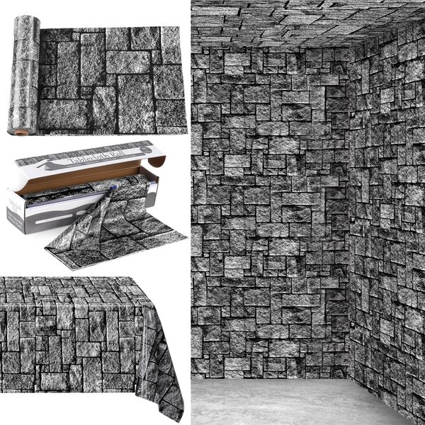 Kochorie 100 Ft X 54 Inch Stone Wall Tablecloth Roll with Cutter Box Disposable Plastic Stone Table Cover Medieval Stone Brick Table Cloth Dirt Floor Wall Backdrops for Farm Wedding Birthday Party