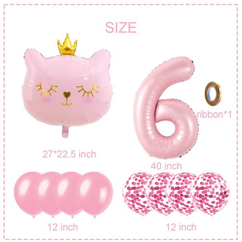 Cat Birthday Decorations, Cat Balloons, Pink 6 Balloon Number, Cat Themed Birthday Party Decorations, 6th Birthday Decorations For Girls