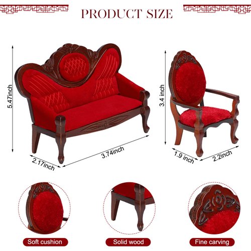 5 Pcs 1:12 Miniature Dollhouse Furniture, Include Vintage Red Wooden Carved Sofa Couch 4 Pcs Wooden Carved Single Sofa Chairs Retro Red Armchairs for Living Room Bedroom Kitchen Birthday Decoration