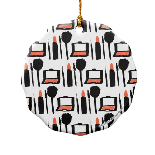 GRAPHICS & MORE Makeup Lipstick Compact Eyeshadow Mascara Drawing Porcelain Scalloped Holiday Christmas Tree Ornament - 2.8" (7.1 cm)