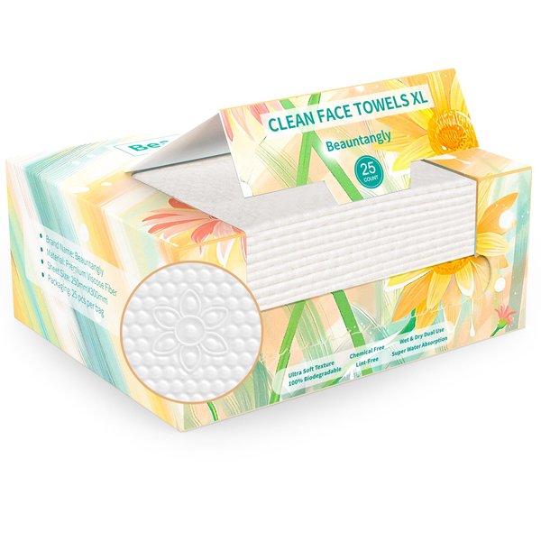 Beauntangly Disposable Face Towel, XL Facial Towelettes Soft Thick Absorbent, Lint-Free Biodegradable Makeup Remover Dry Wipes for Skin Care Washing Drying Nursing Camping Travel Essentials, 25 Ct