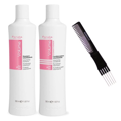 Sleekshop Comb + FanoIa VOLUME Volumizing Shampoo & Conditioner Duo Set Kit for Full, Thick Hair from the Roots (w/SLEEKSHOP Premium Carbon Teasing Comb) (Shampoo (11.83 oz) + Conditioner (11.83 oz))