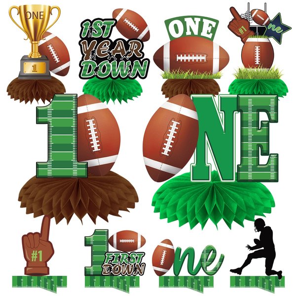 10Pcs Football 1st Birthday Decorations Honeycomb Centerpiece for Boys, First Year Down Football Theme Table Centerpiece Party Supplies, Sports Football One Year Old Birthday Table Topper Sign Decor
