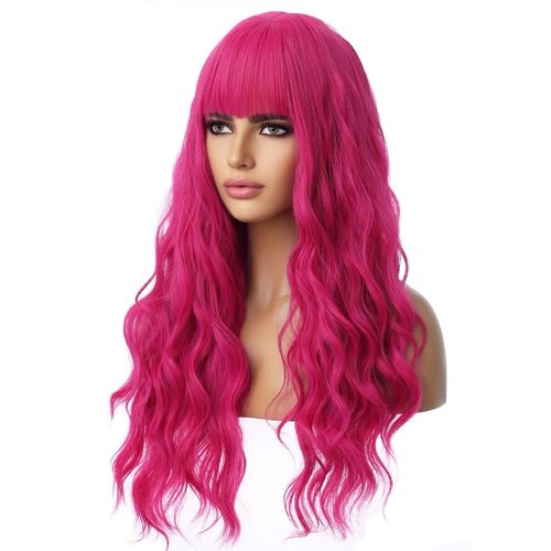 BERON 26 Inches Hot Pink Wig Long Curly Wig with Bangs Synthetic Wig Women Girls Wig Rose Red Wigs with Wig Cap