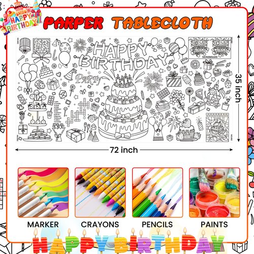 Giant Coloring Poster,35x72Inch Happy Birthday Activity Drawing Paper Coloring Table Cover,DIY Birthday Coloring Tablecloth Art Crafts Coloring Mat for Kids,Home Classroom Party Decorations Suppiles
