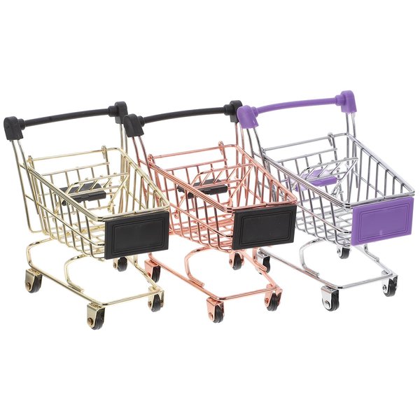 3pcs Miniature Supermarket Shopping Carts Girls Desk Storage Toy Makeup Sponge Holder Decor