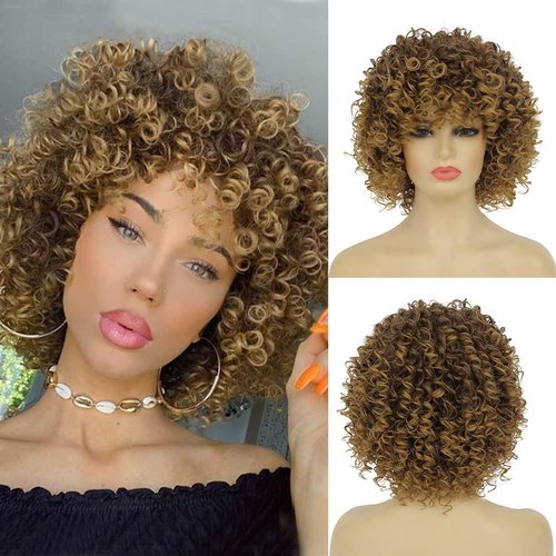 Amnenl Blonde Curly Short Wigs Afro with Bangs Dark Roots Kinky Wig for Black Women Daily Costume...