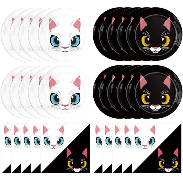 40PCS Cat Birthday Party Supplies White And Black Cat including Plates Napkins Disposable Tableware Cat Themed Birthday Party for Kids Adults Decor