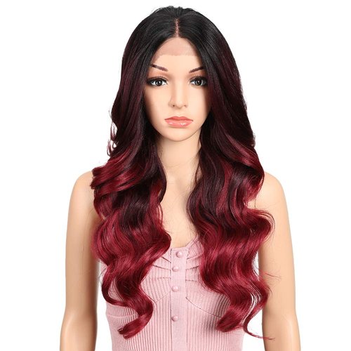 Joedir 26" Big Curly Wavy Supreme Free Parting HD Lace Frontal Wigs With Baby Hair High Temperature Synthetic Wigs For Women 180% Density Wigs(Ombre Black to Dark Wine Color)