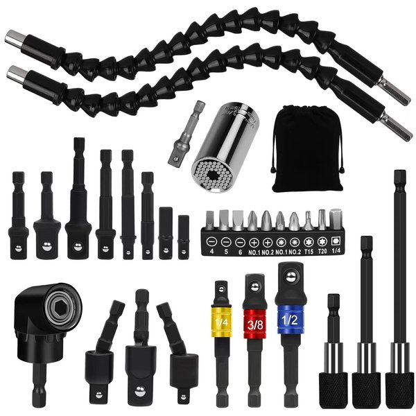 32pcs Flexible Drill Bit Extension Set, 105° Right Angle Drill Attachmen, Rotatable Joint Socket 1/4 3/8 1/2 In Hex Socket Adapter, Bendable Drill Bit Extension Screwdriver Bit