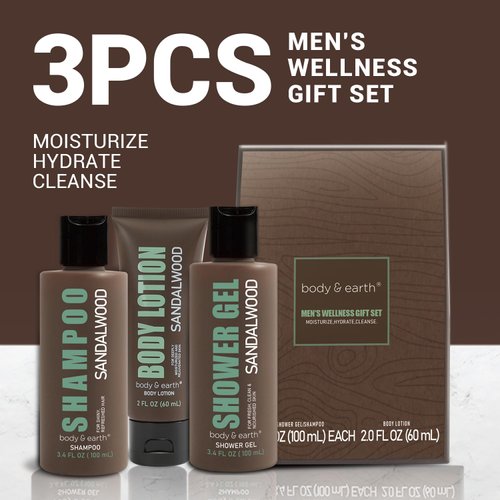 Birthday Gifts for Men BODY & EARTH Gift Sets for Men 3PC Mens Gift Set Gift Baskets for Men Includes Sandalwood Shower Gel Body Lotion Shampoo, Mens Gift Basket Christmas Gifts for Men Boyfriend