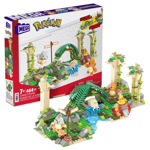 Mega Pokemon Action Figure Building Toy, Jungle Ruins with 464 Pieces, Motion and 3 Characters, Cubone Charmander Omanyte, Gift Idea for Kids