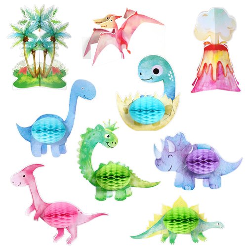 Hotop 9 Pcs Pink Watercolor Dinosaur Party Honeycomb Centerpiece Little Dino Center Piece Birthday Supplies 3D Table Toppers for Kids Girls Baby Shower Decor Props