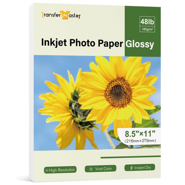 Glossy Photo Paper 8.5x11 Inch 48lb 180gsm Professional Glossy Photographic Paper Letter Size Instant Dry Work for Inkjet Printers Dye Ink 30 Sheets by Transfer Master