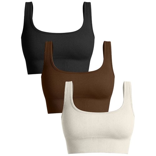 OQQ Women's 3 Piece Medium Support Tank Top Ribbed Seamless Removable Cups Workout Exercise Sport Bra Black Coffee Beige