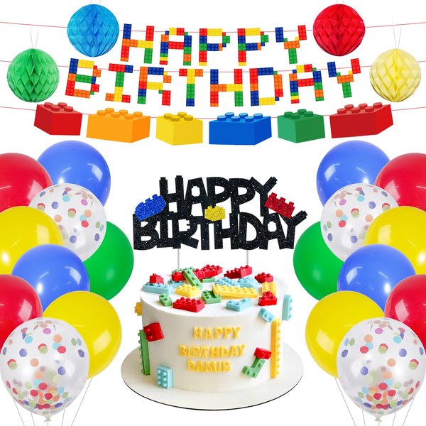 51pcs Building Blocks Balloons Birthday Party Decorations Banners Cake Topper Honeycomb Ball Centerpieces Brick Table Decorations for Boys Kid's Party Supplies