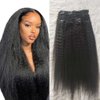 Forawme Kinky Straight Clip In Hair Extensions 100 Remy Human Clips Hair Pieces Lot #1B Natural Black 16 Inch 120g 8pcs Hair