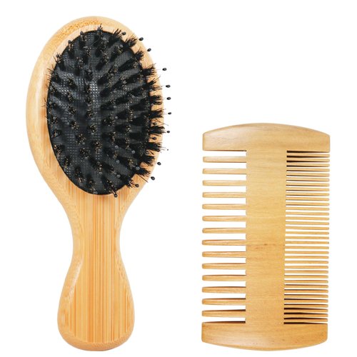 OWIIZI Mini Boar Bristle Hair Brush Set Soft Natural Boar Bristle Bamboo Pocket Detangler Brush a...