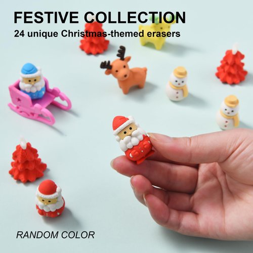 24Pcs 3D Christmas Erasers for Kids Bulk, Cute Santa Claus Snowman Puzzle Erasers for Stocking Stuffers Goodie Bags Stuffers Classroom Party Favors Holiday Gifts